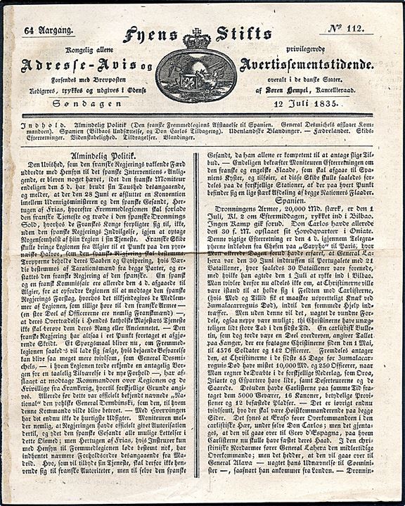 Fyens Stifts Adresse-Avis og Avertissementstidende 12.7.1835. 4 sider.