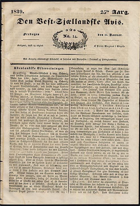 Den Vest-Sjællandske Avis d. 25.1.1839. 4 sider.