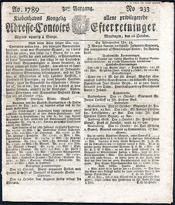 Kiøbenhavns Kongelig allene privilegerede Adresse-Contoirs Efterretninger d. 26.10.1789. 8 sider.