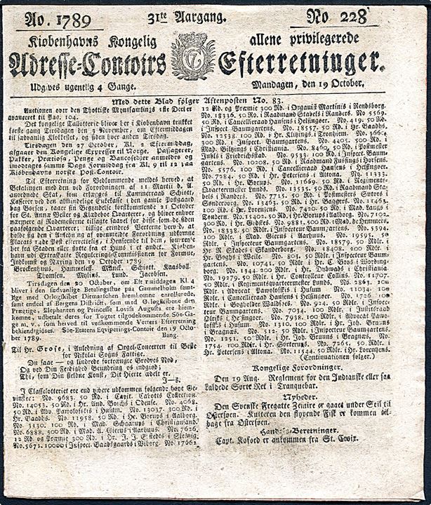 Kiøbenhavns Kongelig allene privilegerede Adresse-Contoirs Efterretninger d. 19.10.1789. 8 sider.