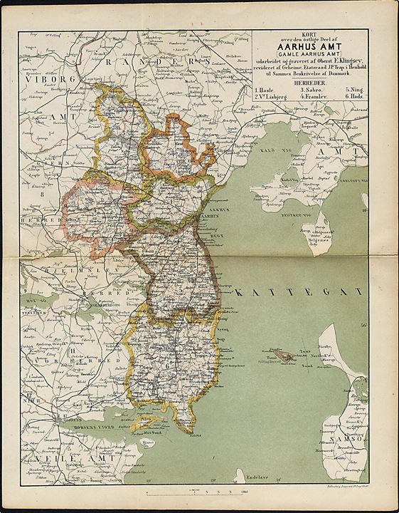 Aarhus Amt østlige del. Flerfarve landkort 22x28½ cm fra Trap Danmark 2. udg. (1872-1879). 