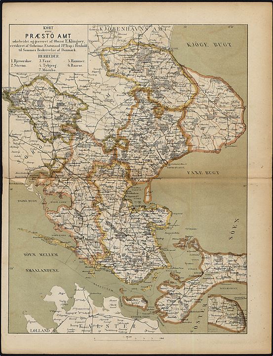 Præstø Amt med Møn. Flerfarve landkort 22x28½ cm fra Trap Danmark 2. udg. (1872-1879). 