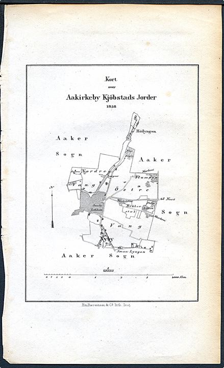 Aakirkeby Kjöbstads Jorde 1858. Landkort fra Trap Danmark.