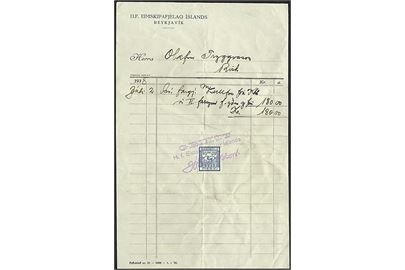 Regning fra Reykjavik d. 2.7.1938 med 10 aur Greidslu Merki annulleret med gummistempel.