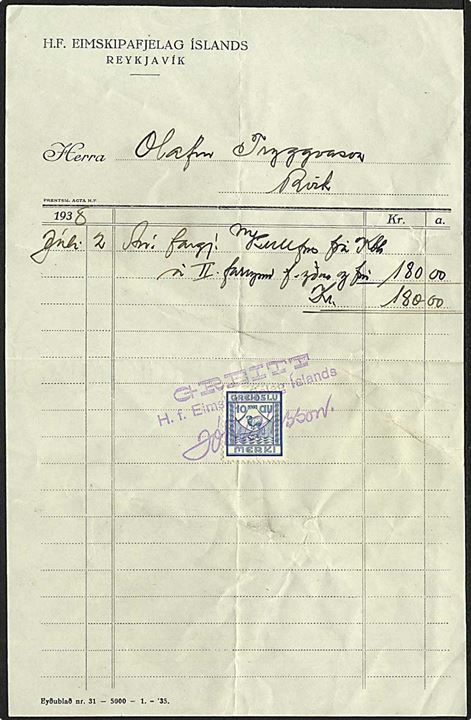 Regning fra Reykjavik d. 2.7.1938 med 10 aur Greidslu Merki annulleret med gummistempel.