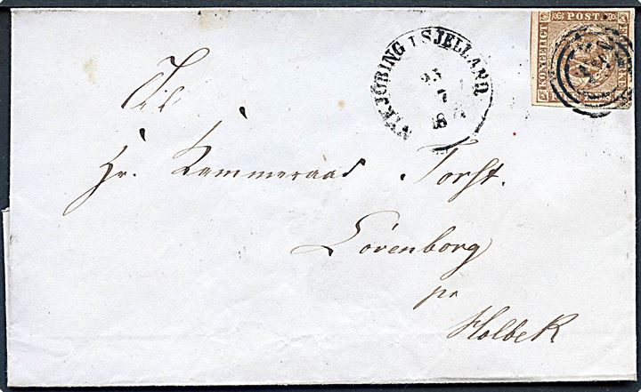 4 R.B.S. Thiele III på brev annulleret med nr.stempel 49 og sidestemplet med 1½ ringsstempel Nykjöbing i Sjælland. d. 23.7.1854 til Lövenborg pr. Holbæk.