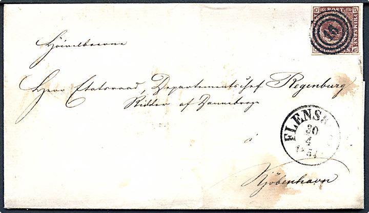 4 R.B.S. på brev annulleret med nr.stempel 16 og sidestemplet antiqua Flensborg d. 30.4.1854 til Etatsraad, Departementschef Regenburg, Ridder af Dannebrog i Kjøbenhavn.