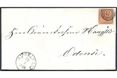 4 sk. 1854 udg. på brev annulleret med nr.stempel 42 og sidestemplet antiqua Middelfart d. 24.2.1858 til Odense.