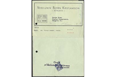 Regning fra Reykjavik d. 6.9.1939 med 10 aur Greidslu Merki annulleret med gummistempel.