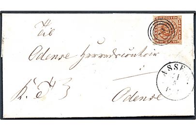 4 sk. 1858 på brev annulleret med nr.stempel 7 og sidestemplet antiqua Assens d. 21.5.1861 til Odense. Mærket K.T..