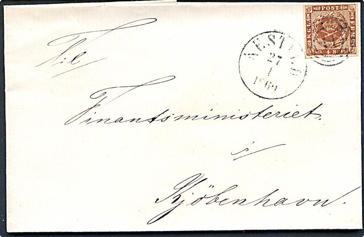 4 sk. 1858 udg. på brev annulleret med nr.stempel 44 og sidestemplet antiqua Nestved d. 27.1.1860 til Kjøbenhavn.