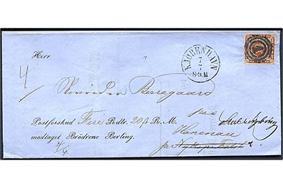 4 sk. stukken kant på brev med postforskud annulleret med nr.stempel 1 og sidestemplet Kjøbenhavn d. 7.7.1863 til Hanenau pr. Nykjøbing Falster - eftersendt til pr. Stubbekjøbing.