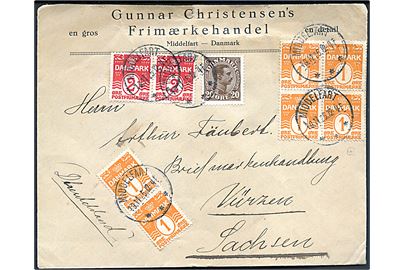 1 øre (par og fireblok), 2 øre (par) Bølgelinie og 20 øre Chr. X på 30 øre frankeret brev fra Middelfart d. 19.11.1925 til Würzen, Tyskland.