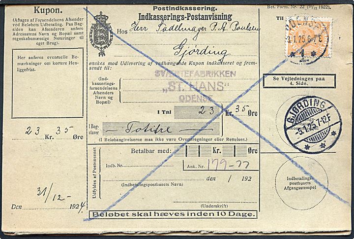 30 øre Chr. X på retur Indkasserings-Postanvisning fra Odense d. 3.1.1925 til Gjørding.