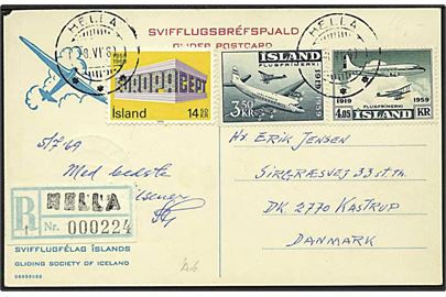22,05 kr. blandingsfrankeret anbefalet svæveflyvningsbrevkort fra Hella d. 8.6.1969 via Reykjavik til Kastrup, Danmark.