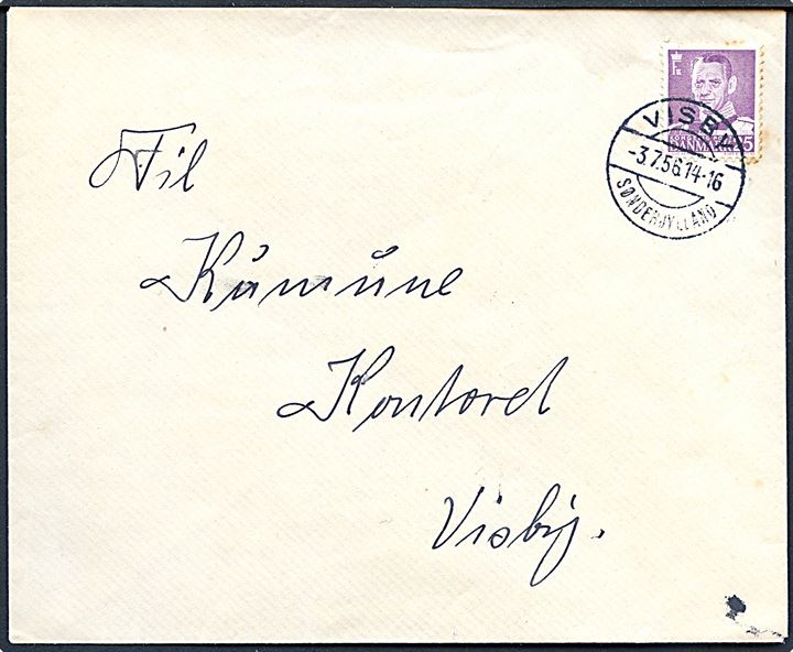 25 øre Fr. IX på brev annulleret med brotype IIc Visby Sønderjylland d. 3.7.1956 til Visby.
