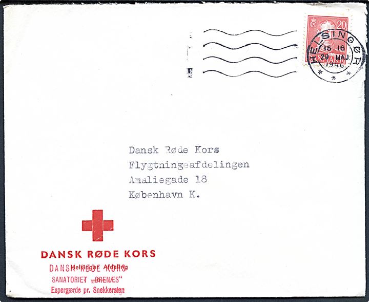 20 øre Chr. X på fortrykt kuvert fra Dansk Røde Kors Helsingør afdeling stemplet Dansk Røde Kors Sanatoriet Ørenæs Espergærde pr. Snekkersten stemplet Helsingør d. 29.5.1946 til Dansk Røde Kors Flygtningeafdeling i København.