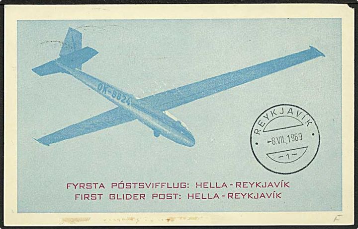 22,05 kr. blandingsfrankeret anbefalet svæveflyvningsbrevkort fra Hella d. 8.6.1969 via Reykjavik til Kastrup, Danmark.