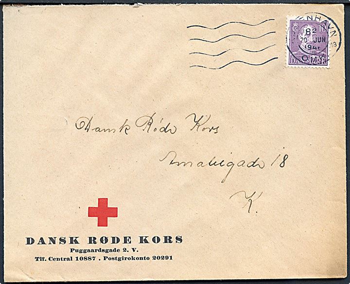 10 øre Chr. X på fortrykt kuvert fra Dansk Røde Kors Puggardsgade 2 stemplet København d. 20.6.1946 til Dansk Røde Kors i København.