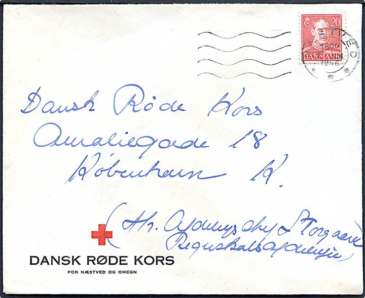 20 øre Chr. X på fortrykt kuvert fra Dansk Røde Kors for Næstved og Omegn stemplet Næstved d. 2.6.1946 til Dansk Røde Kors i København.