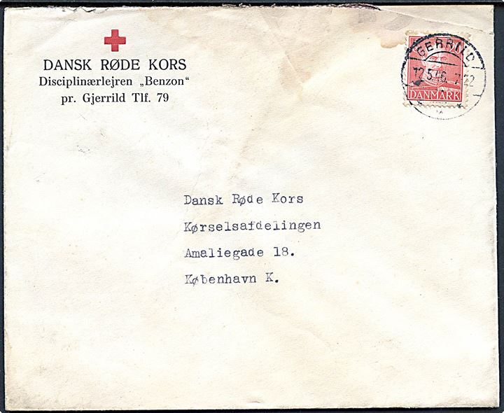 20 øre Chr. X på fortrykt kuvert fra Dansk Røde Kors Disciplinærlejren Benzon pr. Gjerrild stemplet Gerrild d. 12.5.1946 til Dansk Røde Kors i København. Skjold.