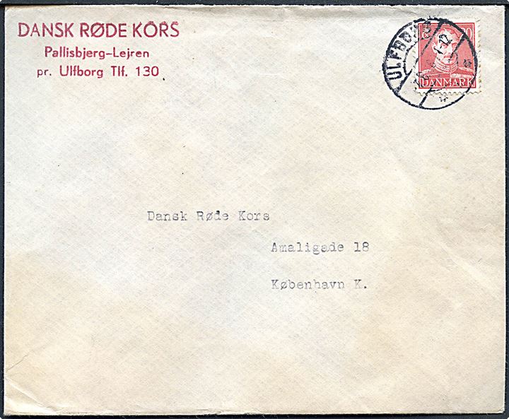 20 øre Chr. X på brev med afs.-stempel Dansk Røde Kors Pallisbjerg-Lejren pr. Ulfborg stemplet Ulfborg d. 4.6.1946 til Dansk Røde Kors i København.