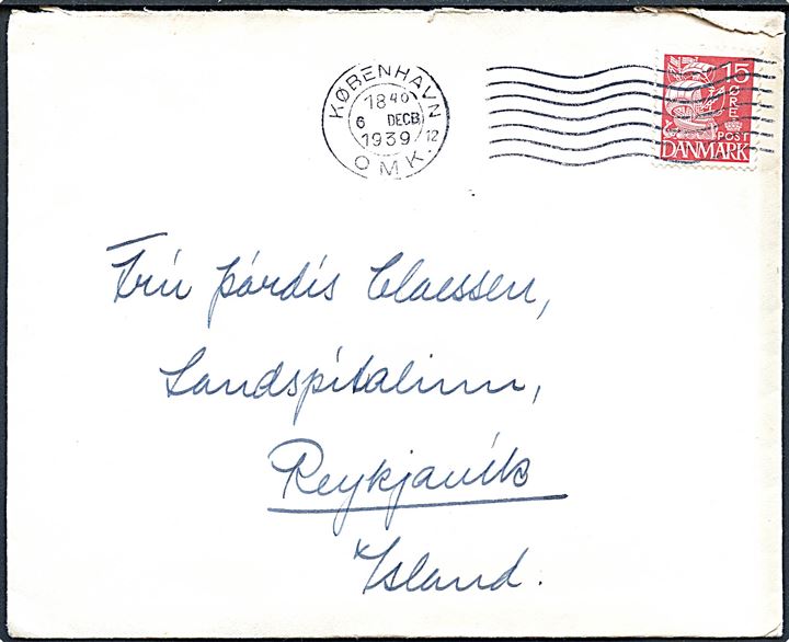 15 øre Karavel på brev fra København d. 6.12.1939 til Reykjavik, Island. Uden tegn på censur.