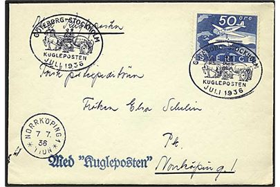 50 öre Bromma Lufthavn single på Kuglepost kuvert annulleret med særstempel Göteborg - Stockholm Kugleposten Juli 1936 og sidestemplet Norrköping d. 7.7.1936.
