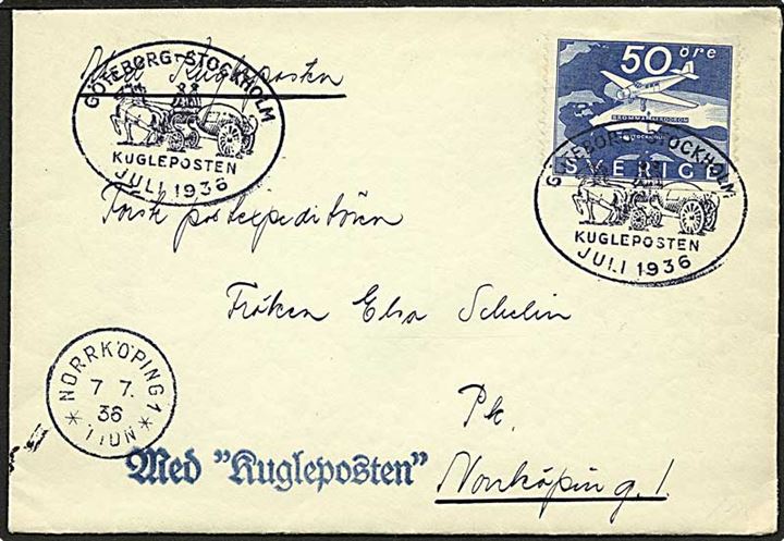 50 öre Bromma Lufthavn single på Kuglepost kuvert annulleret med særstempel Göteborg - Stockholm Kugleposten Juli 1936 og sidestemplet Norrköping d. 7.7.1936.