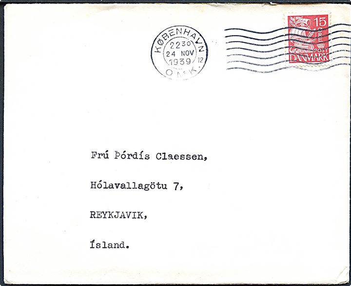 15 øre Karavel på brev fra København d. 24.11.1939 til Reykjavik, Island. Uden tegn på censur.