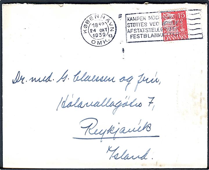 15 øre Karavel på brev fra København d. 24.10.1939 til Reykjavik, Island. Uden tegn på censur.