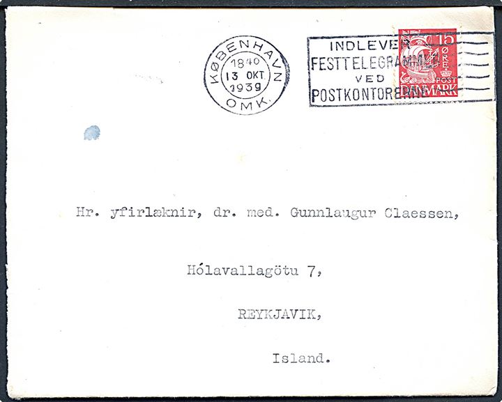 15 øre Karavel på brev fra København d. 13.10.1939 til Reykjavik, Island. Uden tegn på censur.