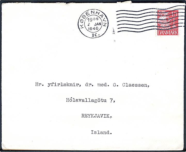 15 øre Karavel på brev fra København d. 2.1.1940 til Reykjavik, Island. Uden tegn på censur.
