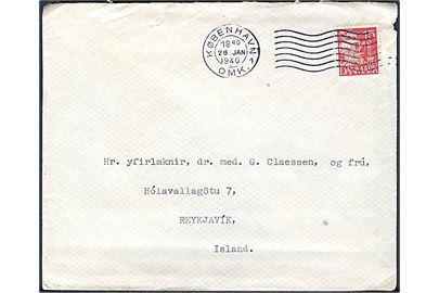 15 øre Karavel på brev fra København d. 28.1.1940 til Reykjavik, Island. Uden tegn på censur.