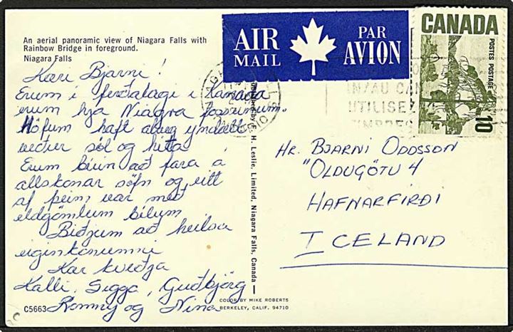10 c. single på luftpost brevkort fra Niagara Falls til Hafnarfirdi, Island.