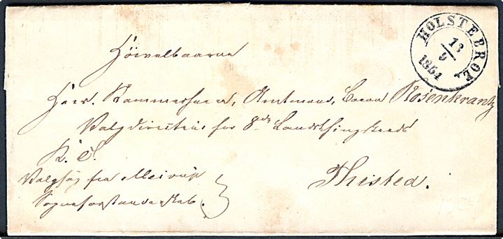1854. Ufrankeret tjenestebrev påskrevet K.T. og Walgsag fra Meirup Sogneforstanderskab med 1½ ringsstempel Holstebroe. d. 13.9.1854 til Kammerherre Amtmand Baron Rosenkrantz, Valgdirektør for 8de Landsthingskreds i Thisted.