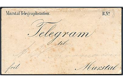 Fortrykt Telegram kuvert fra Marstal Telegraphstation mærket Frit til Marstal. Uden indhold.