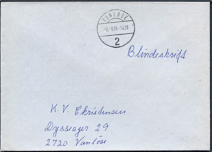 Ufrankeret brev påskrevet Blindeskrift stemplet Vanløse 2 d. 8.9.1981 til Vanløse. 