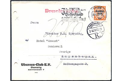 Danzig 5 pfg. Rpf. Deutsches Reich Rpf. provisorium single på tryksag fra Danzig d. 28.11.1939 til København, Danmark - eftersendt til Sundsvall, Sverige. 2 arkivhuller.