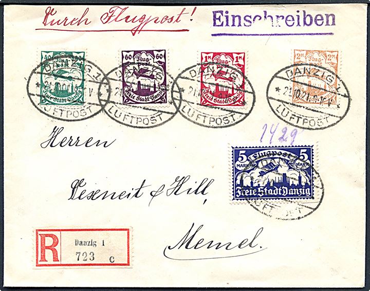 40 pfg., 60 pfg., 1 mk., 2 mk. og 5 mk. Luftpost udg. på filatelistisk anbefalet luftpostbrev fra Danzig Luftpost d. 21.10.1921 til Memel.
