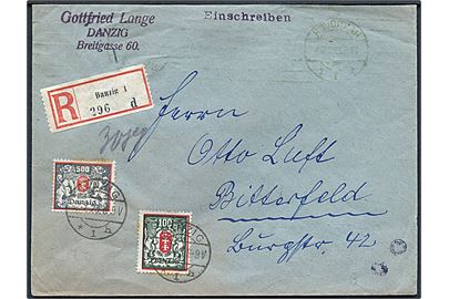 100 mk. og 500 mk. Våben på anbefalet infla brev fra Danzig d. 2.7.1923 til Bitterfeld, Tyskland.