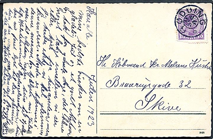 15 øre Chr. X på julekort 1923 annulleret med stjernestempel RØDDING til Skive.