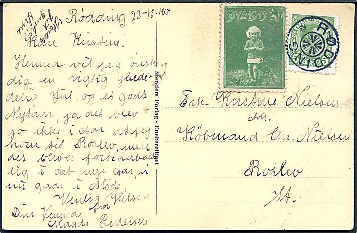 5 øre Chr. X og Julemærke 1915 på julekort dateret d. 23.12.1915 annulleret med stjernestempel RØDDING til Roslev.