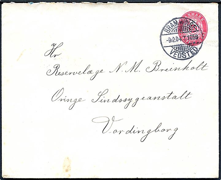 10 øre helsagskuvert annulleret med bureaustempel Bramminge - Vedsted T.1058 d. 9.12.1904 via Ribe til Oringe Sindssygeanstalt pr. Vordingborg.