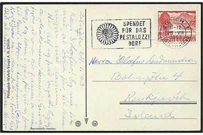 25 c. single på brevkort fra Zürich d. 25.7.1953 til Reykjavik, Island.
