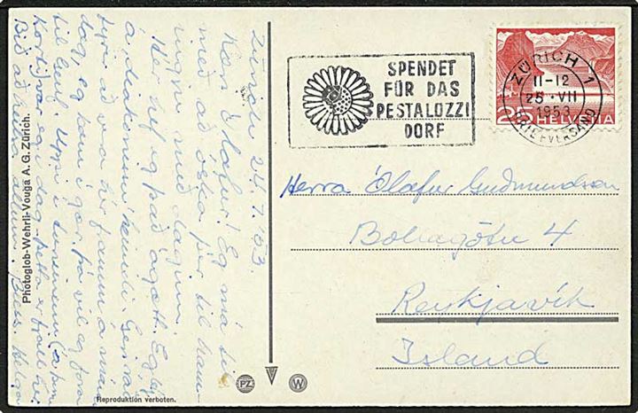 25 c. single på brevkort fra Zürich d. 25.7.1953 til Reykjavik, Island.