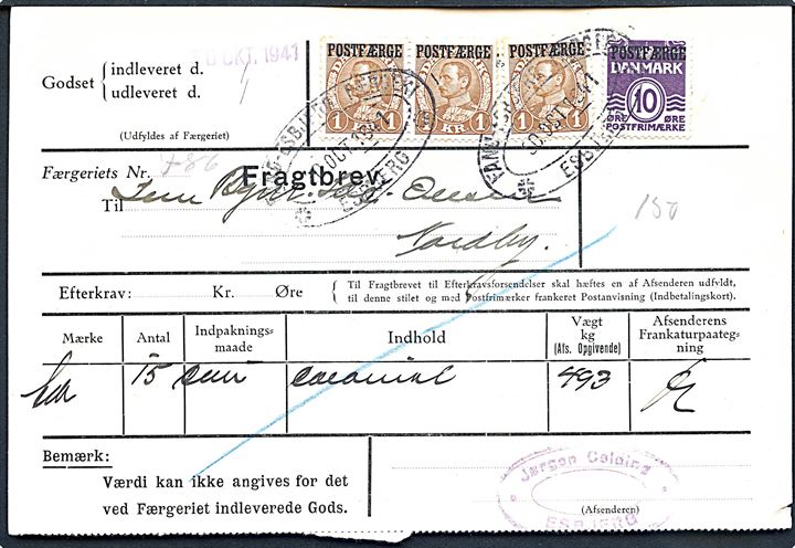 10 øre Bølgelinie og 1 kr. Chr. X (3) Postfærgemærker på Fragtbrev fra Esbjerg d. 30.10.1941 til Nordby, Fanø.
