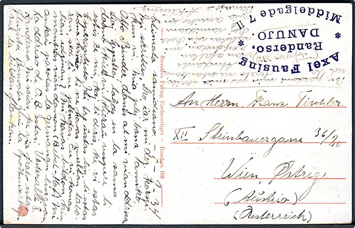 10 øre Bølgelinie + Alfred Benzon Bagepulver Reklamemærke i 3-stribe på billedsiden af brevkort fra Randers d. 2.2.1934 til Wien, Østrig. AFA 2400,-