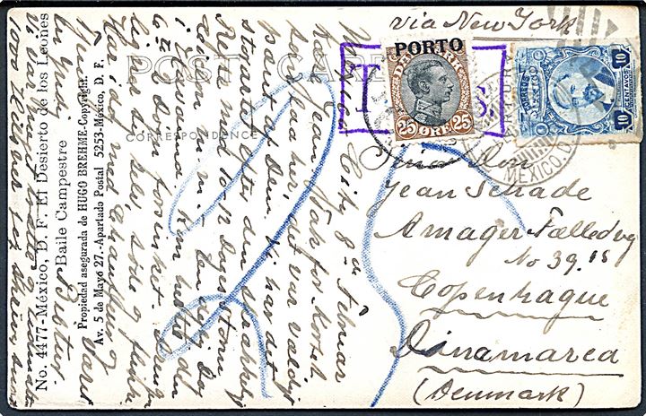 10 c. på underfrankeret brevkort fra Mexico City d. 9.2.1922 påskrevet via New York til København, Danmark. Udtakseret i porto med 25 øre Chr. X Porto-Provisorium stemplet Kjøbenhavn d. 1.3.1922.