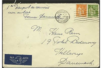 75 c. og 1 fr. på 1. flyvningsbrev fra Paris d. 31.8.1937 til Hellerup, Danmark. På bagsiden violet flyvningsstempel.